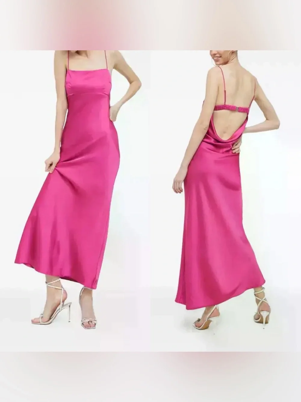 Abercrombie & Fitch Satin Cowl Back Slip Midi Dress in Hot Pink NWT! Size XS